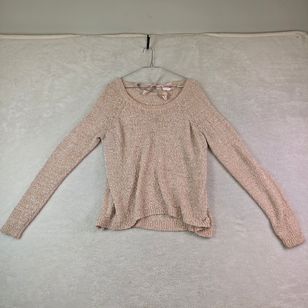 Cato Woman Blush Pink Metallic Knit Sweater Ribbon Back Bow Detail Sz L